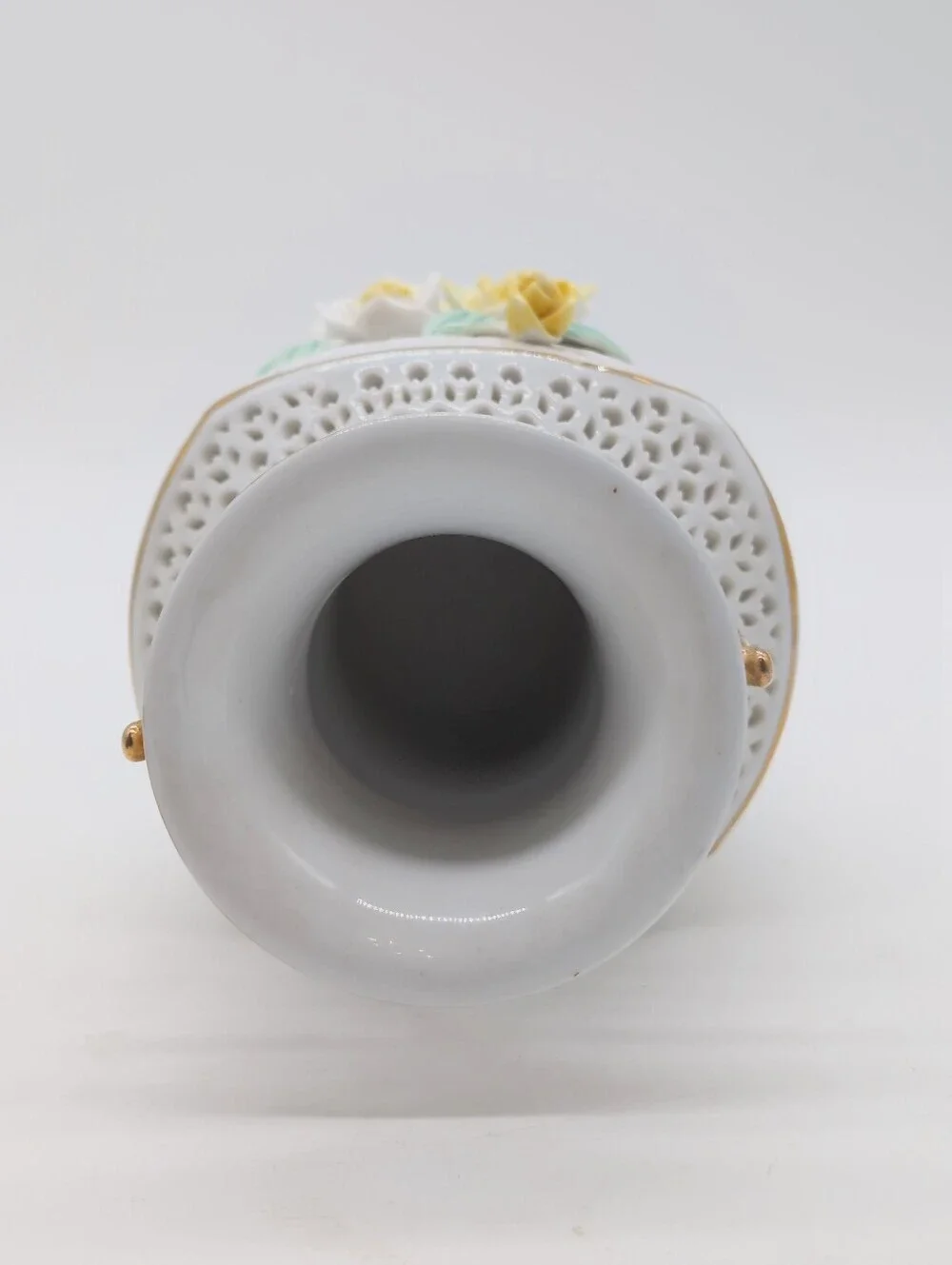 Vintage Chinese White Porcelain Floral Lattice Vase with Gold Handles 8x4 Inches